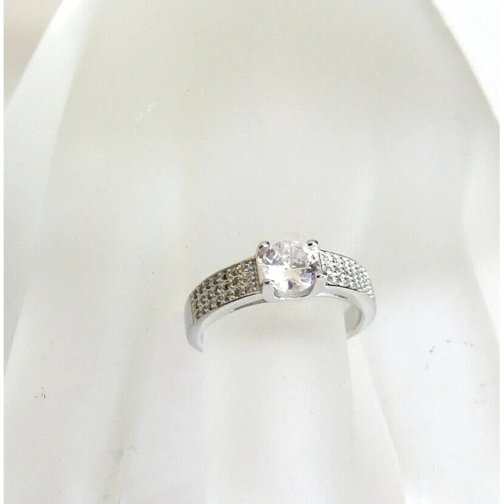 Sterling Silver Crystal Solitaire Ring with Pavé Band